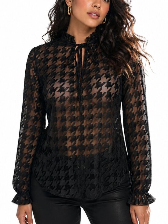 Zara Tops - ZARA Goth Houndstooth Mesh Velvet Burnout Blouse Tie Neck Sheer Top Sz S